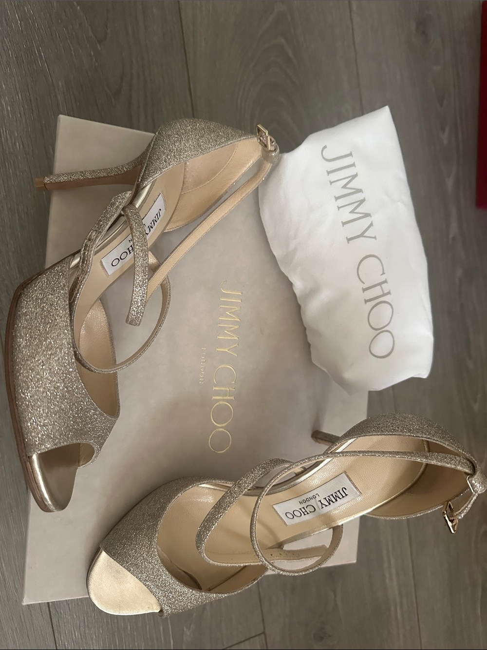 Jimmy Choo Gold Glitter Strappy Peep-Toe Stilettos